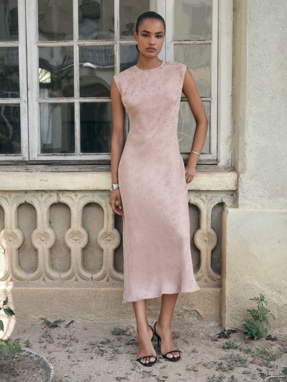 Mango Blush Pink Sleeveless Maxi Jacquard Slip Dress